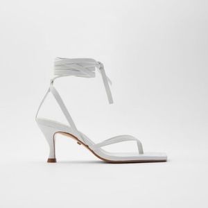 Zara White Heeled Square Toe Strappy Sandal